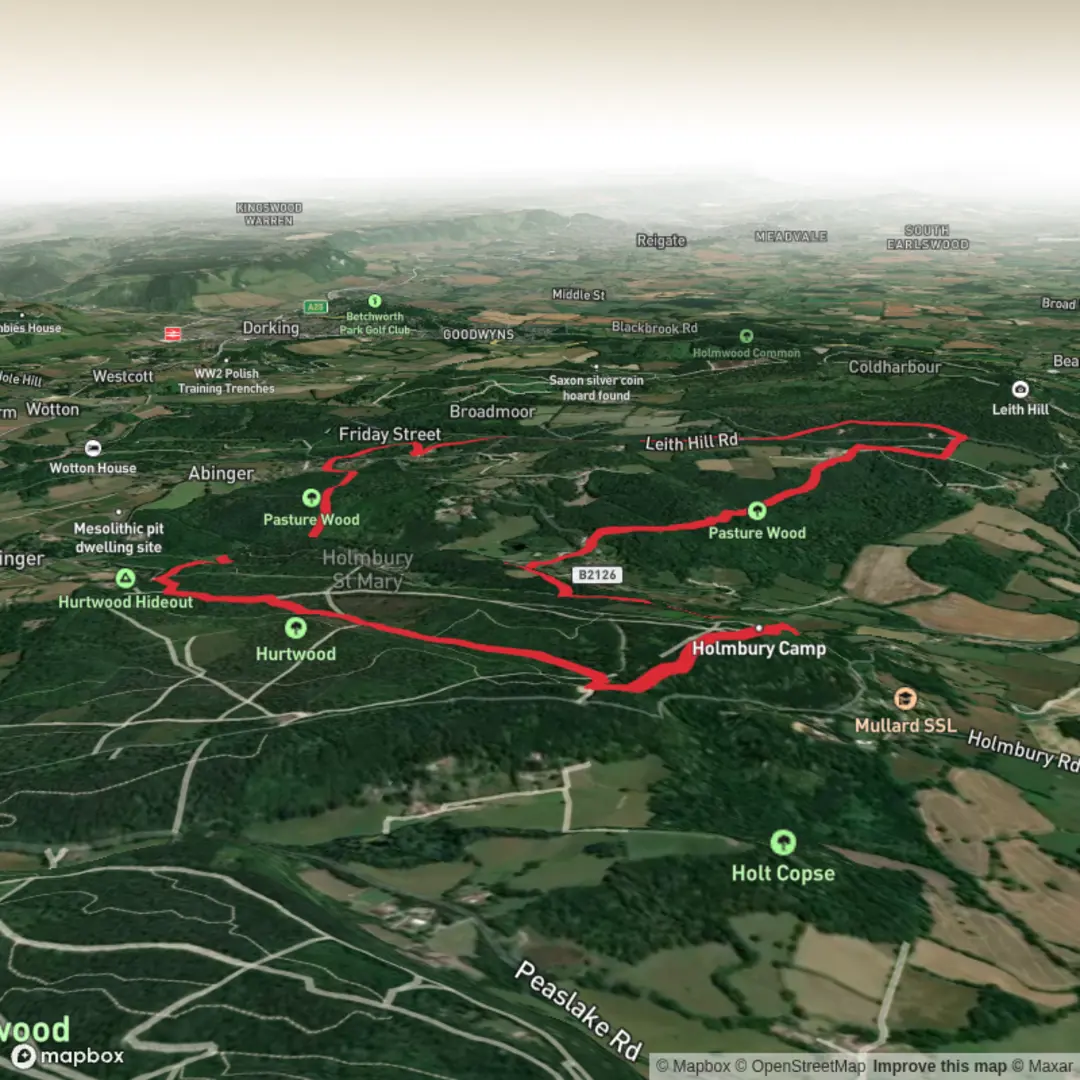 An image depicting the trail Circular Walk around Holmbury St Mary and its surrounding area.