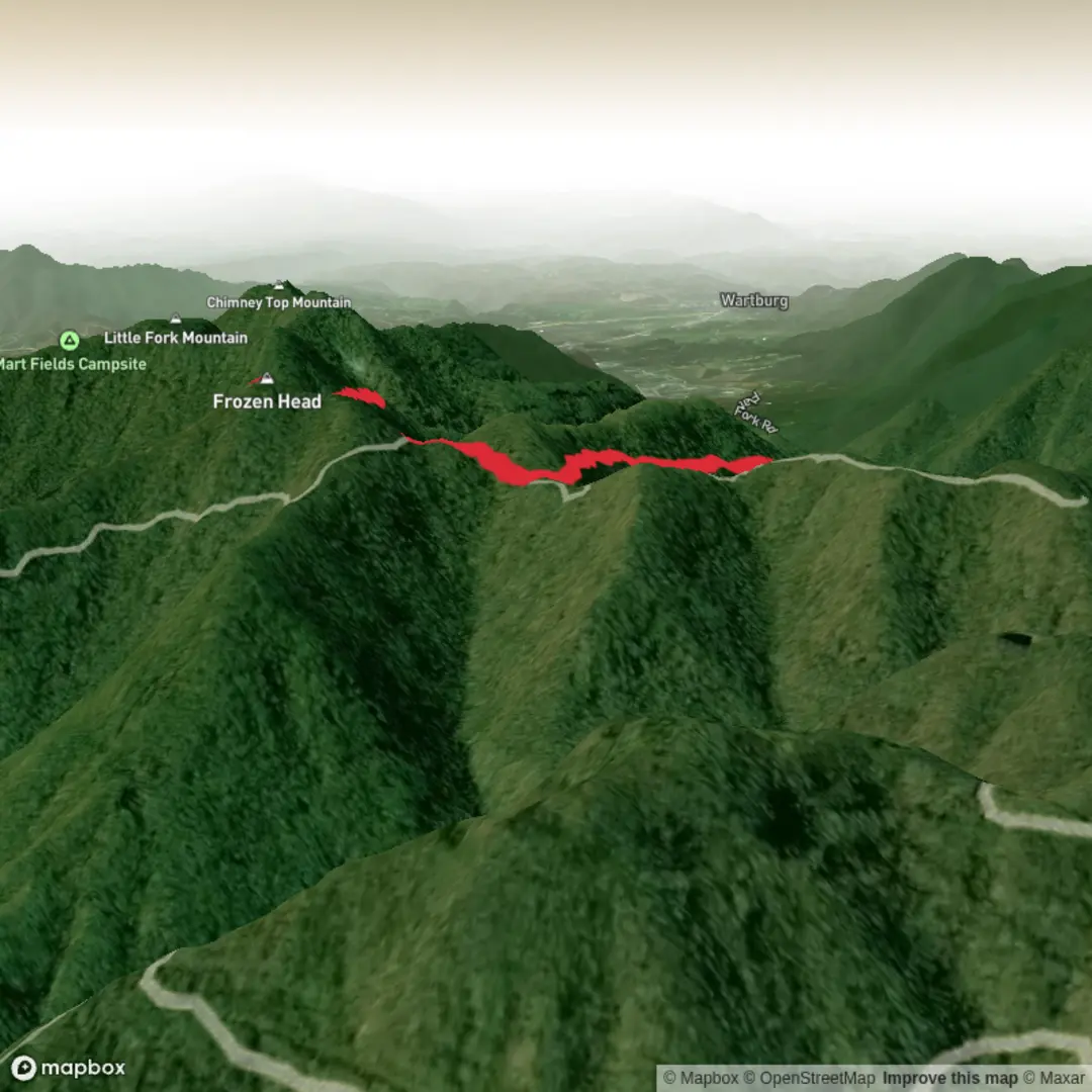 An image depicting the trail Frozen Head via North Old Mac Trail and Spicewood Trail and its surrounding area.