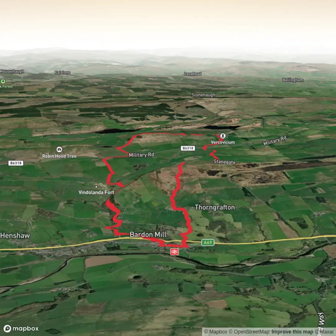 An image depicting the trail Hike from Bardon Mill to Housteads Roman fort and its surrounding area.