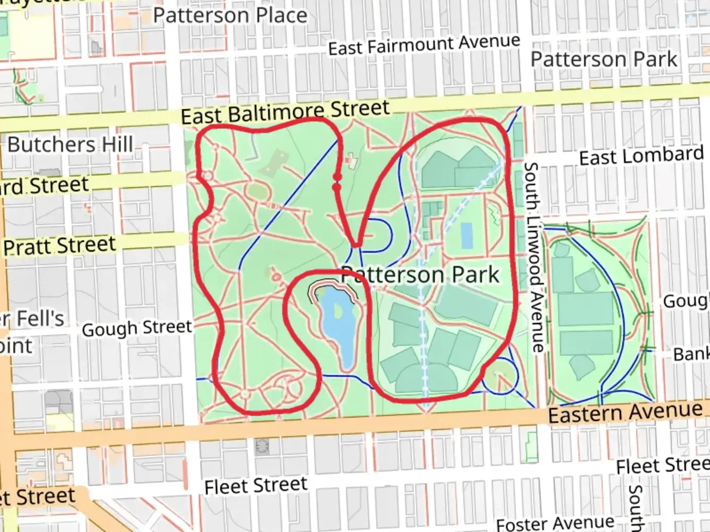 An image depicting the trail Patterson Park Boat Lake Loop and its surrounding area.