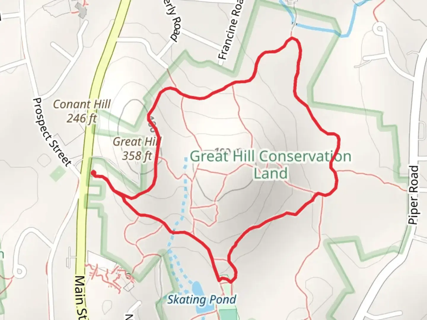 An image depicting the trail Great Hill Area Loop Trail and its surrounding area.