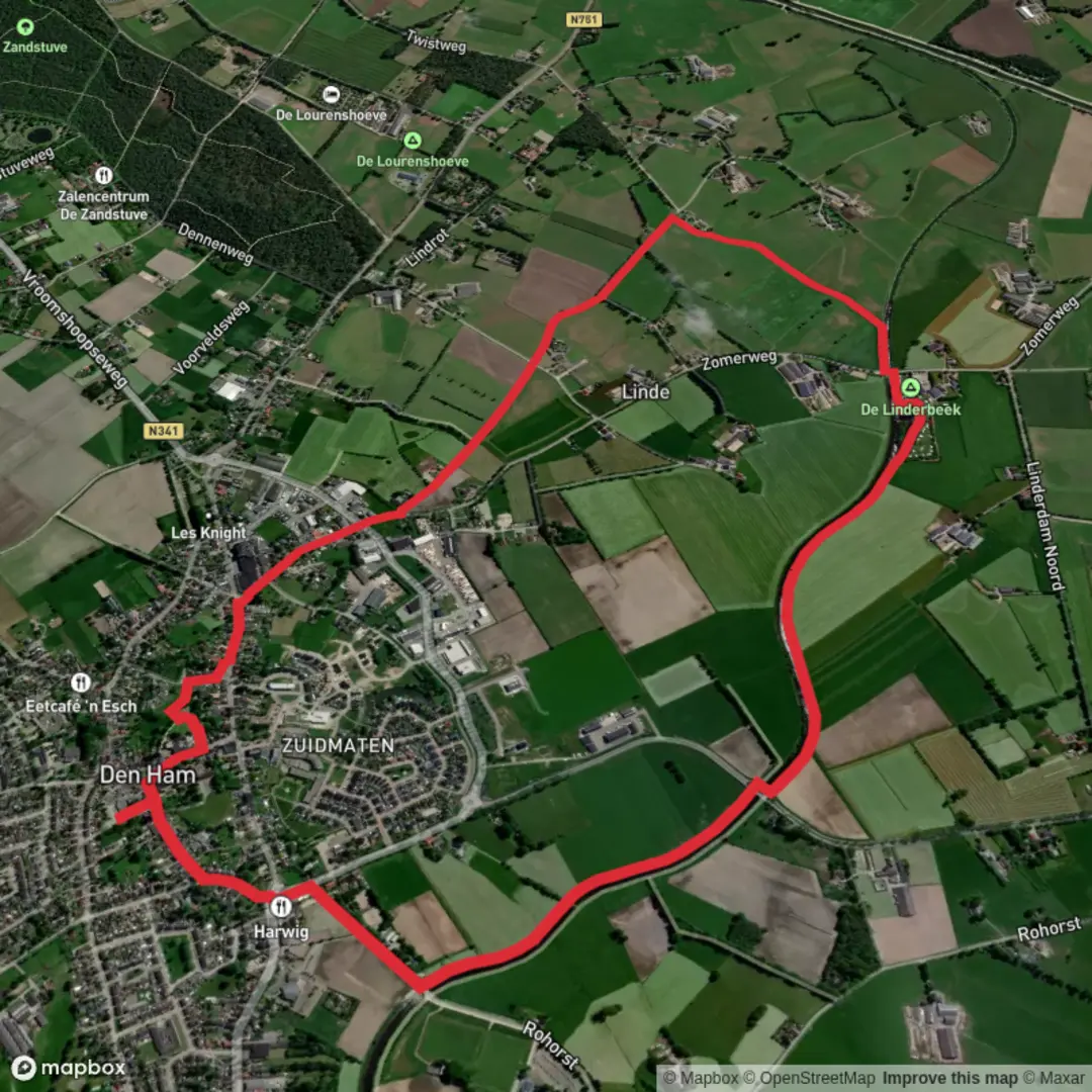 An image depicting the trail Linderbeek via Den Ham - Groene Route and its surrounding area.