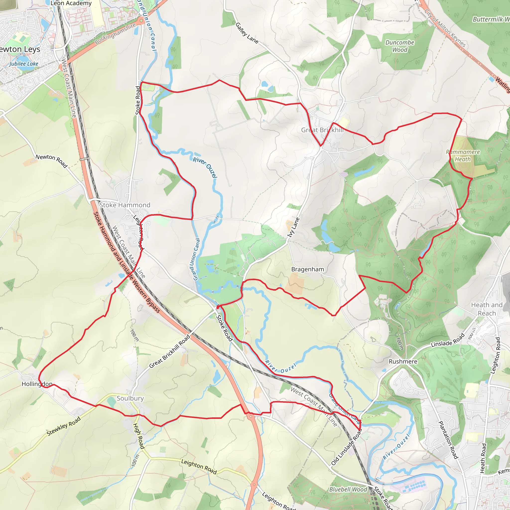 Stockgrove Lake and Great Brickhill via Milton Keynes Boundary Walk and Grand Union Canal Walk mobile static map