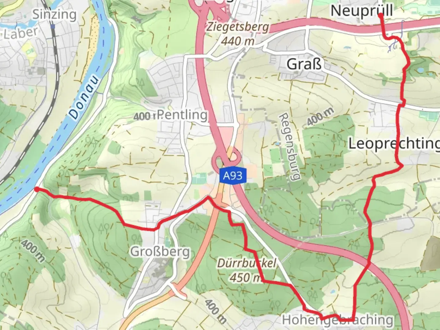 An image depicting the trail Neuprue to Unterirading and its surrounding area.