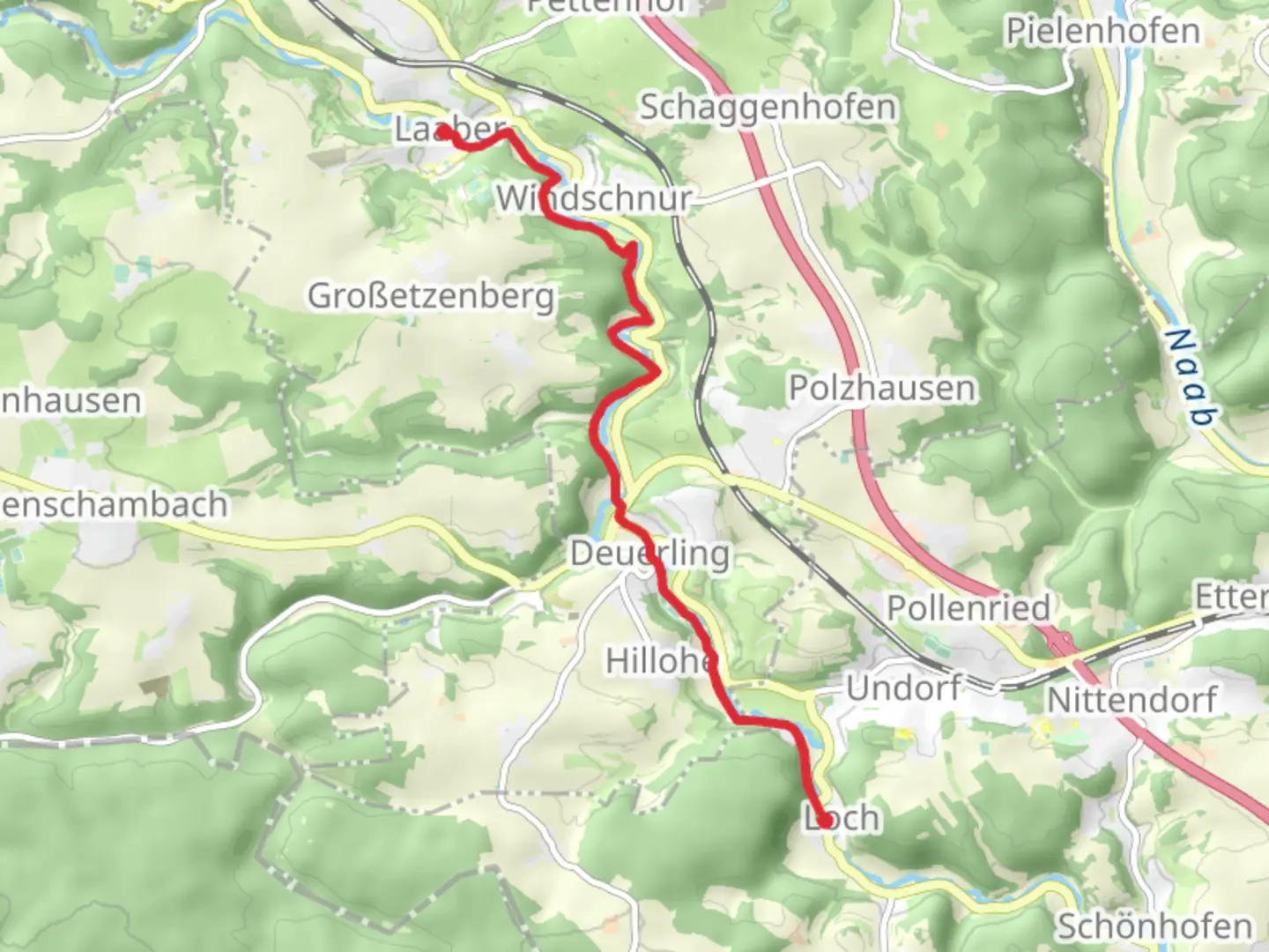 An image depicting the trail Loch to Laaber via Main Donau Weg and its surrounding area.