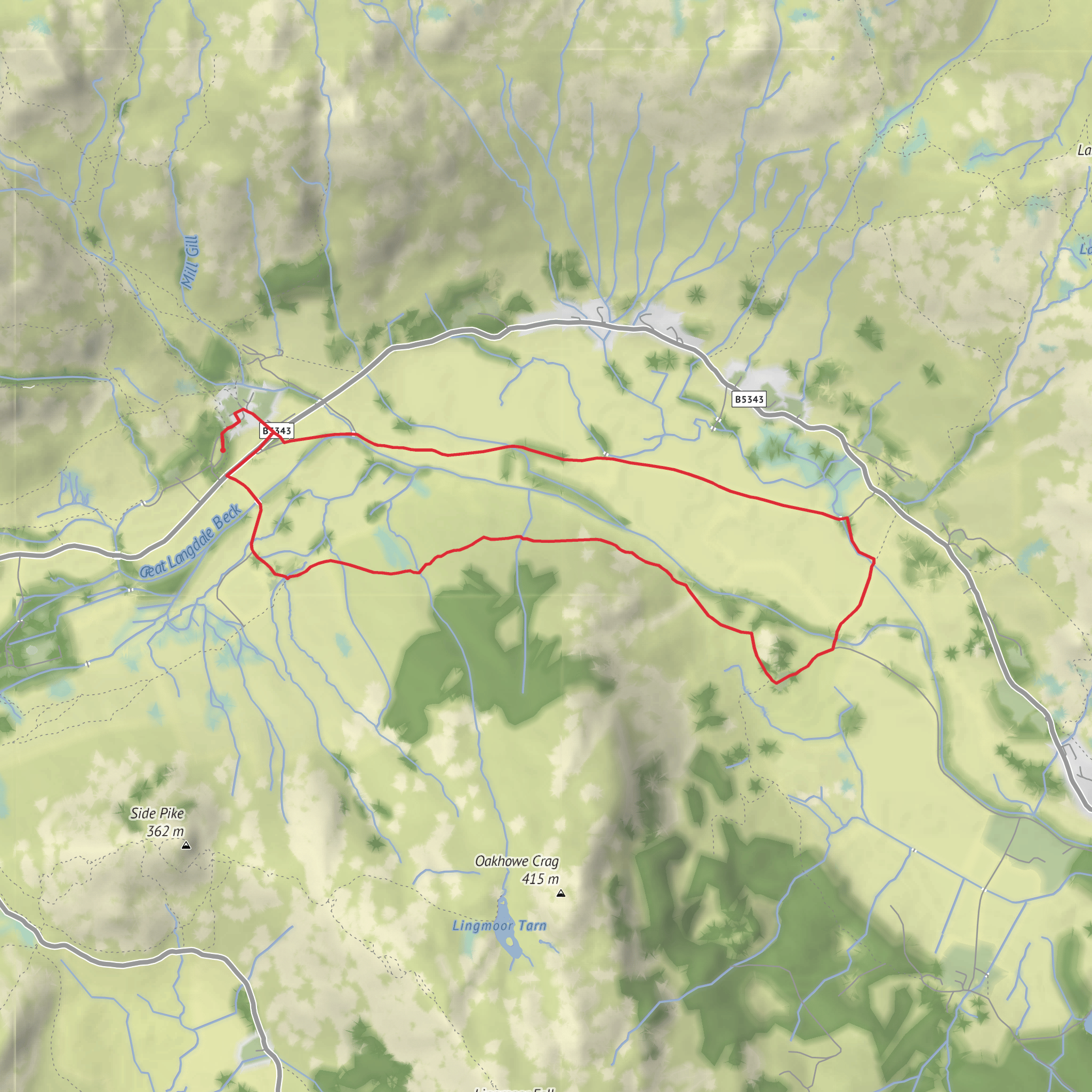 Great Langdale Beck and Oak Howe via Cumbria Way mobile static map