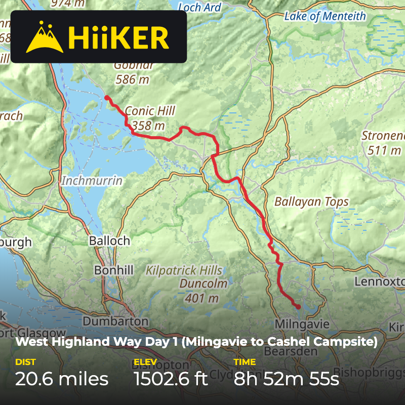 A map preview of the recording West Highland Way Day 1 (Milngavie to Cashel Campsite).