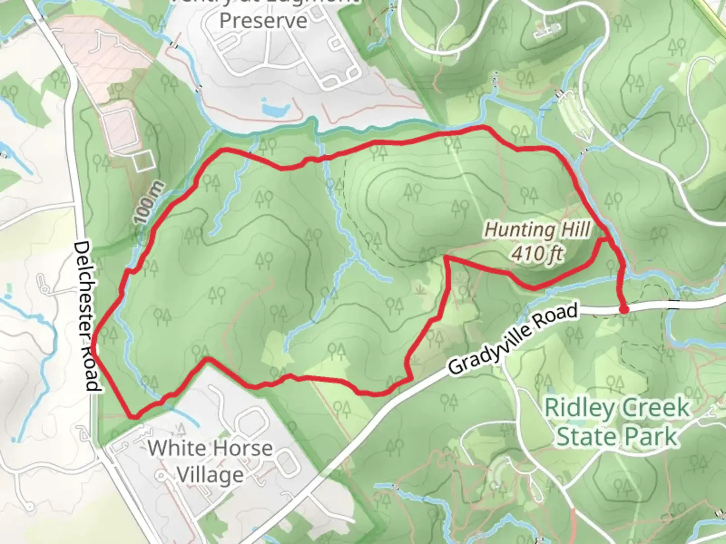 An image depicting the trail Ridley Creek Loop from Gradyville Road and its surrounding area.
