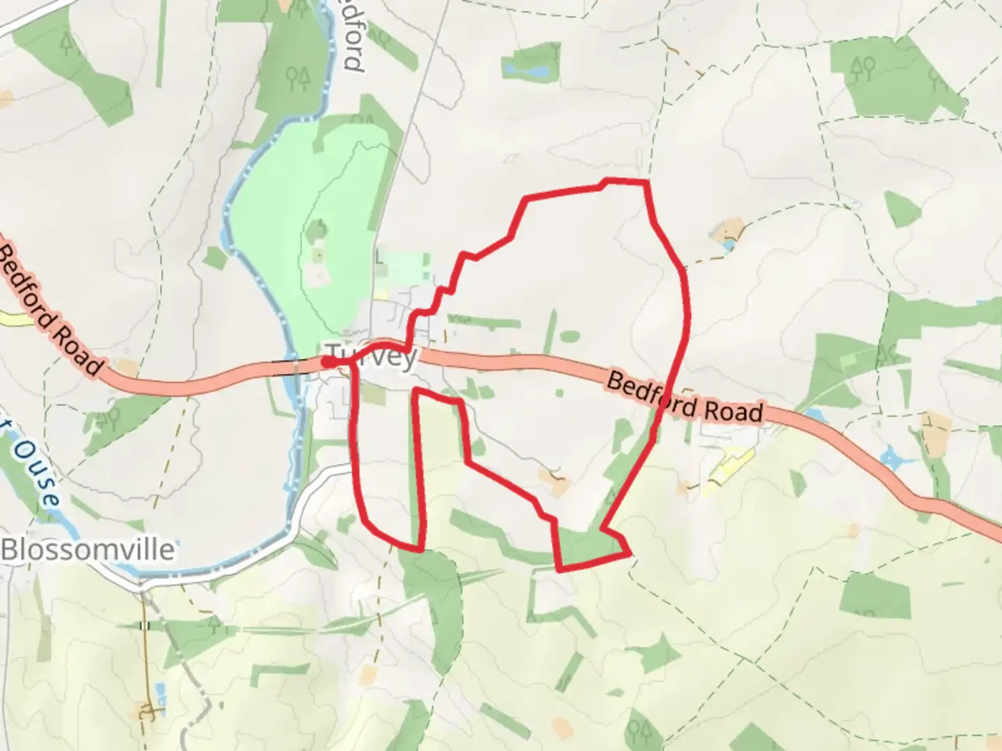 An image depicting the trail Turvey Village Loop and its surrounding area.