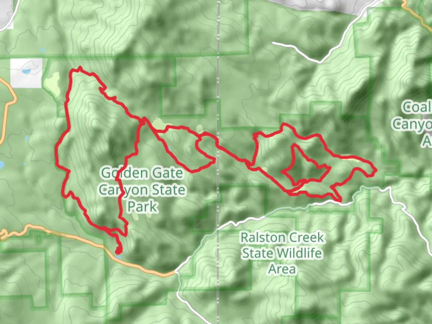 An image depicting the trail Raccoon Trail, Snowshoe Hare and Burro Trail and its surrounding area.