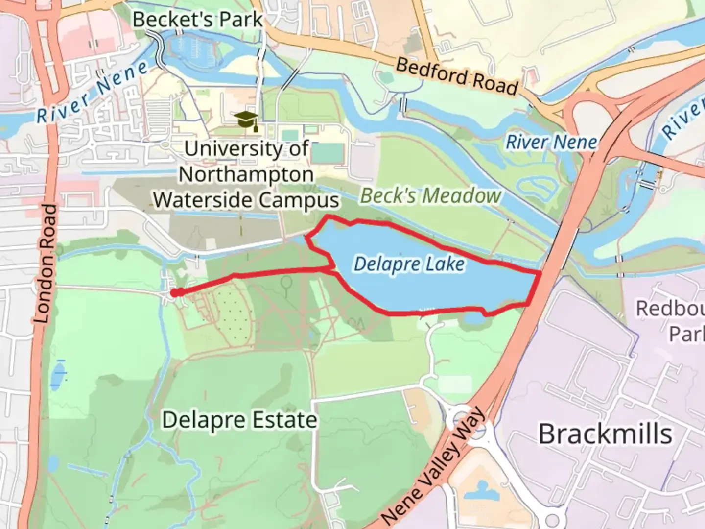 An image depicting the trail Delapre Lake Loop and its surrounding area.