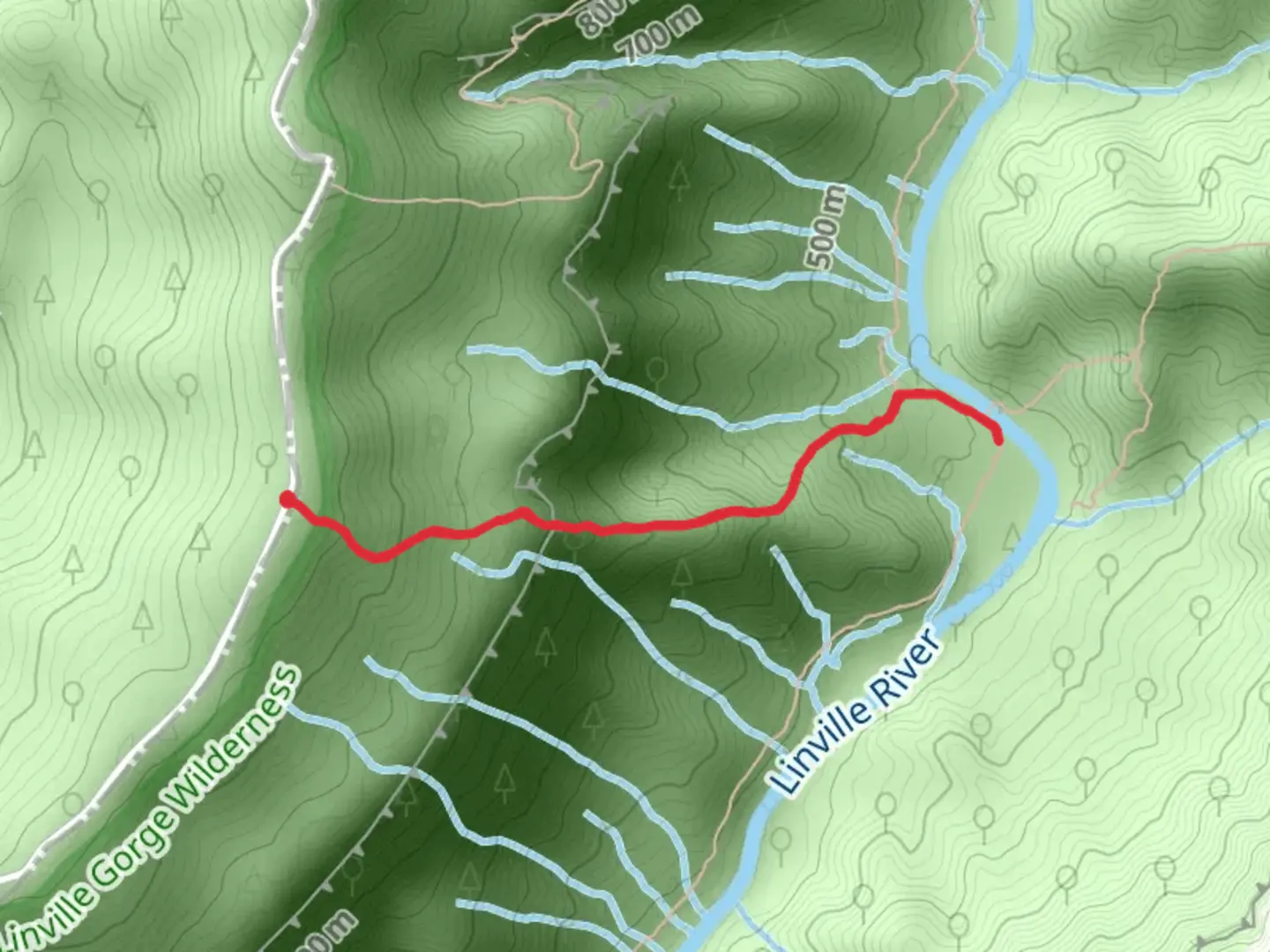 An image depicting the trail Linville River via Pinch In Trail and its surrounding area.