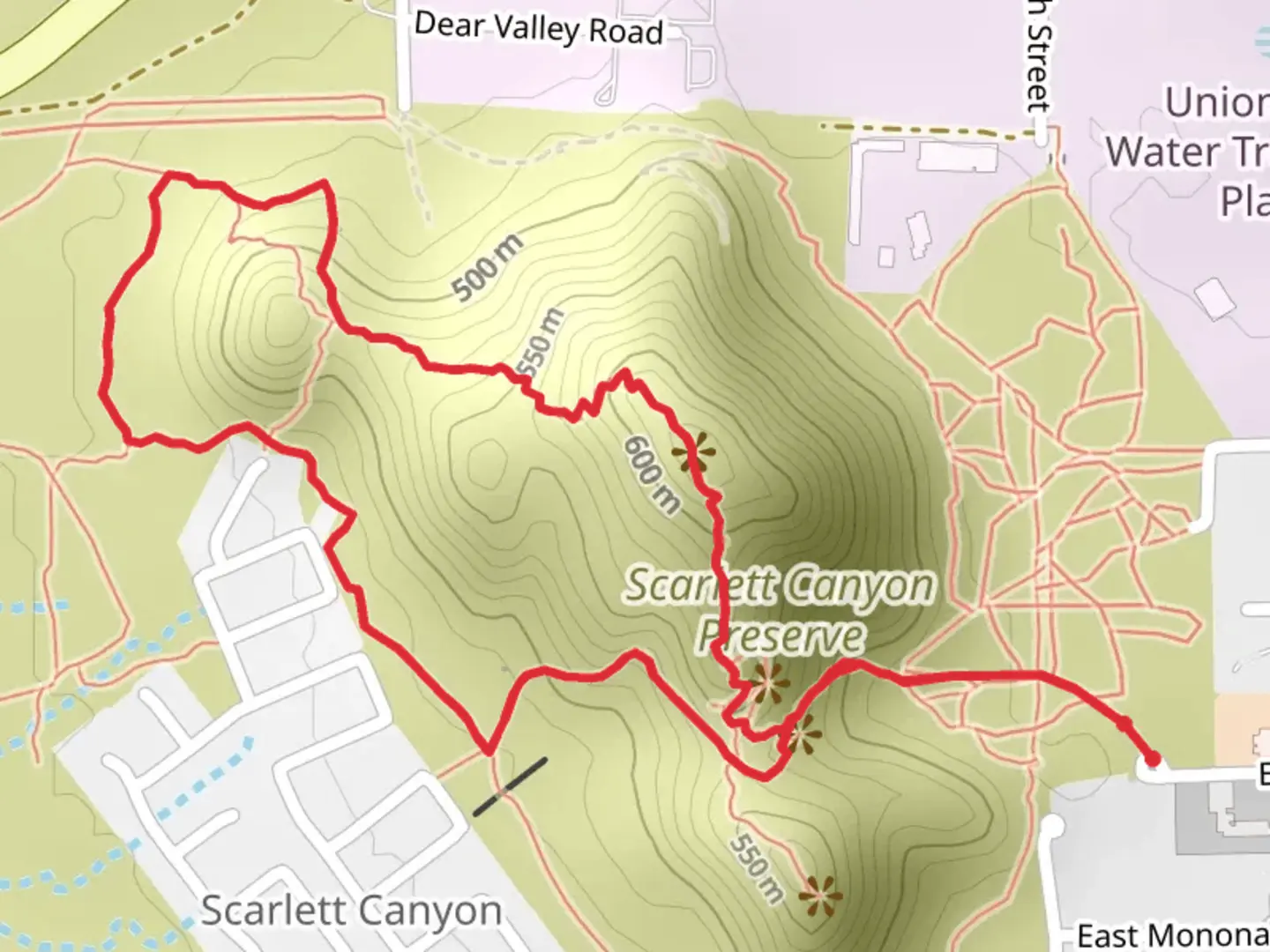 An image depicting the trail Scarlett Canyon Preserve Loop and its surrounding area.