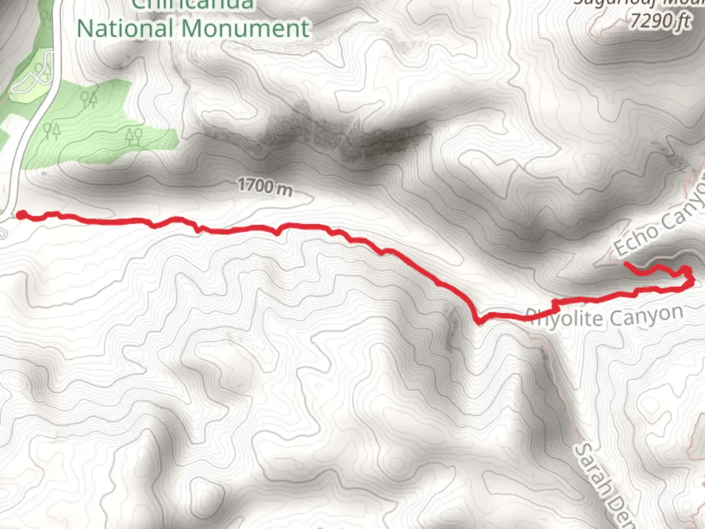 An image depicting the trail Lower Rhyolite Canyon Trail and its surrounding area.