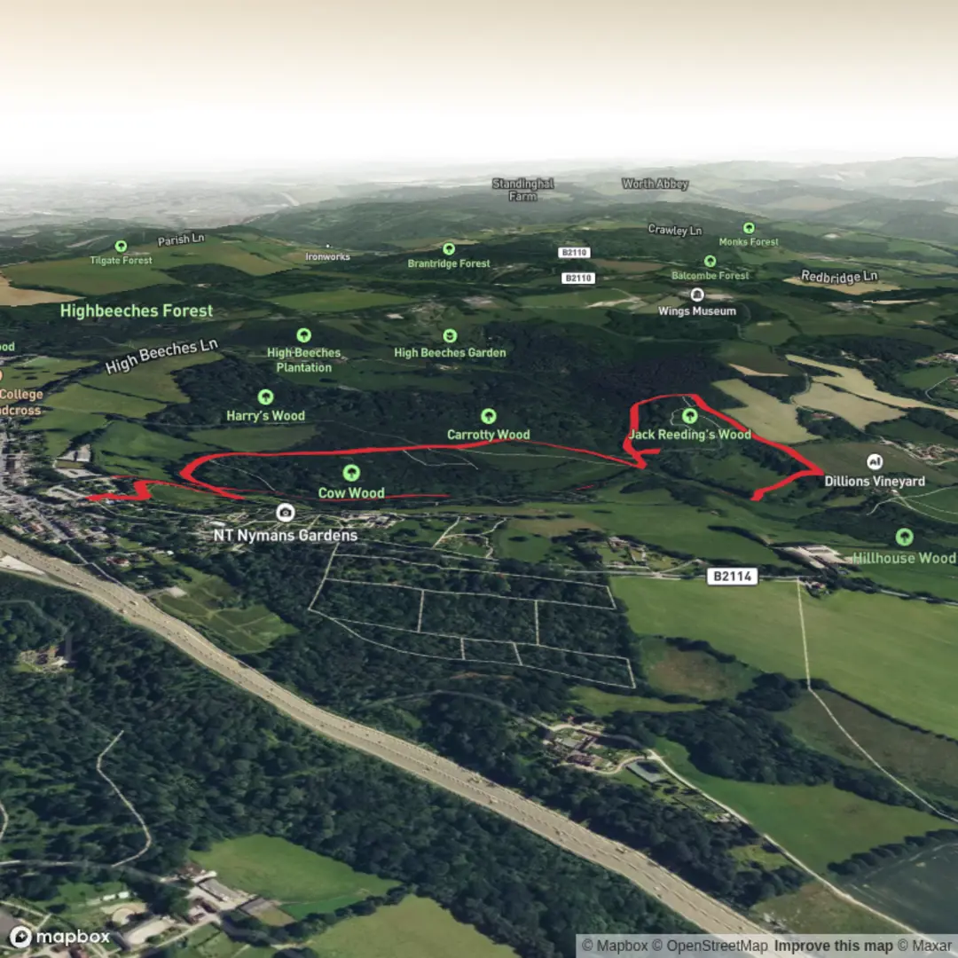 An image depicting the trail Nymans Woods Walk and its surrounding area.