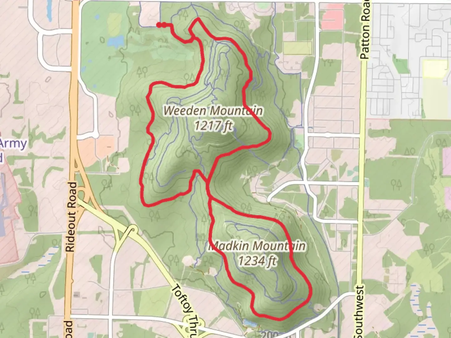 An image depicting the trail Loop around Weeden and Madkin Mountain and its surrounding area.