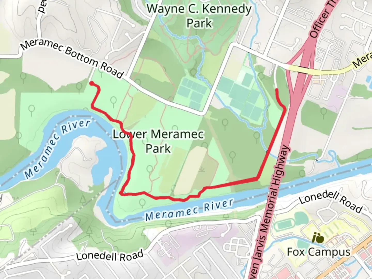 An image depicting the trail Meramec River from Holzer Park Road and its surrounding area.