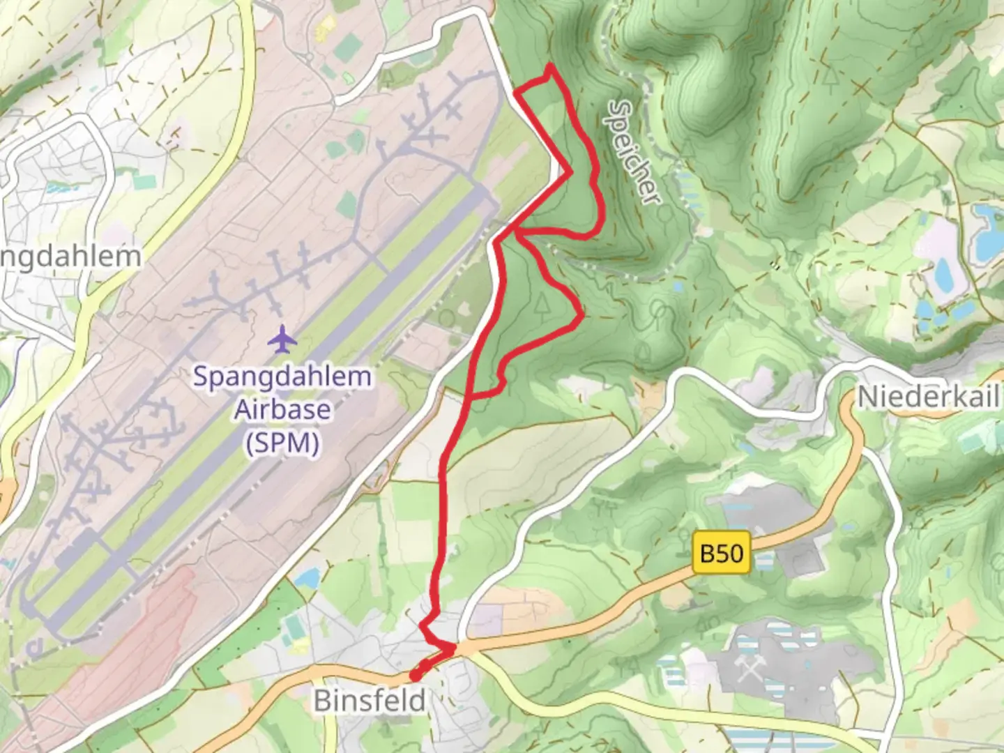 An image depicting the trail Burgscheider Mauer Loop via Binsfeld and its surrounding area.