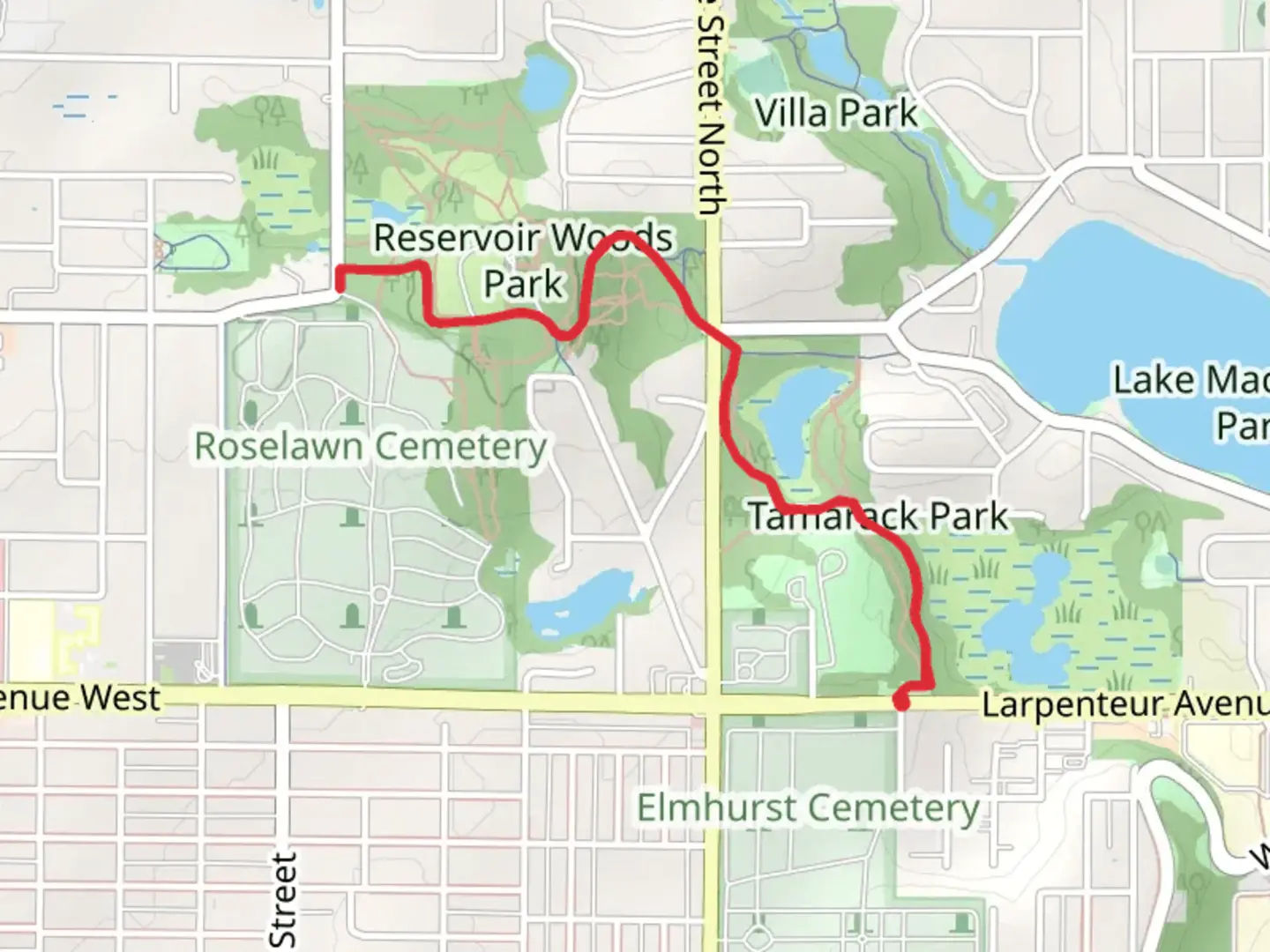 An image depicting the trail Reservoir Woods Trail and its surrounding area.