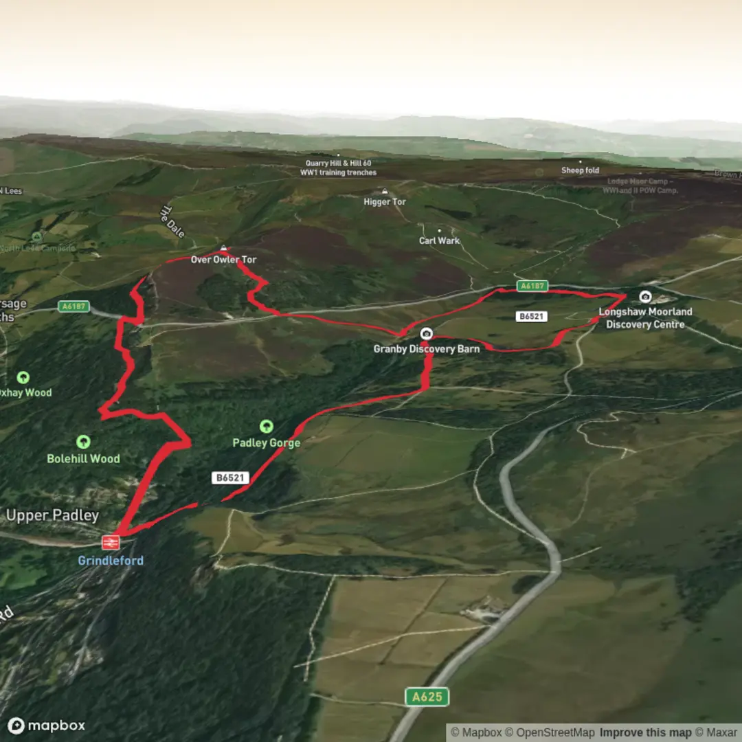 An image depicting the trail Longshore, Lawrence, Surprise View and Grinleford Circular and its surrounding area.