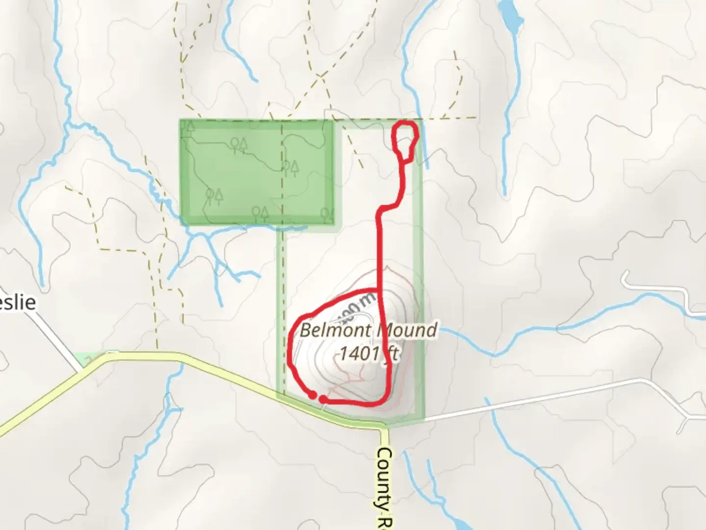 An image depicting the trail Belmont Mound Loop and its surrounding area.