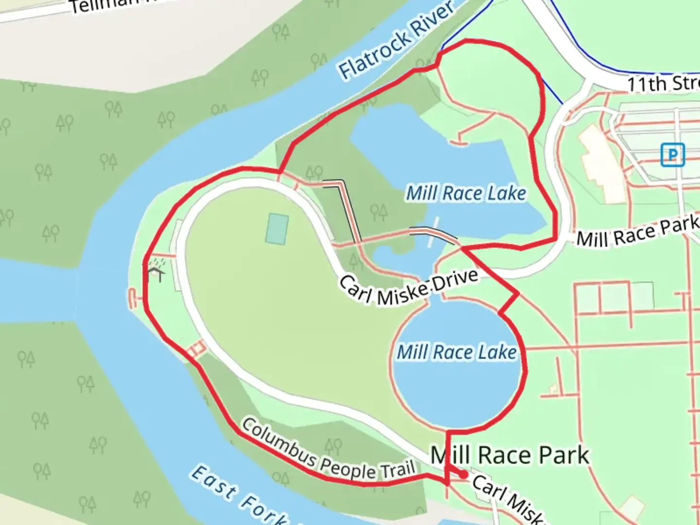 An image depicting the trail Mill Race Lake Loop and its surrounding area.