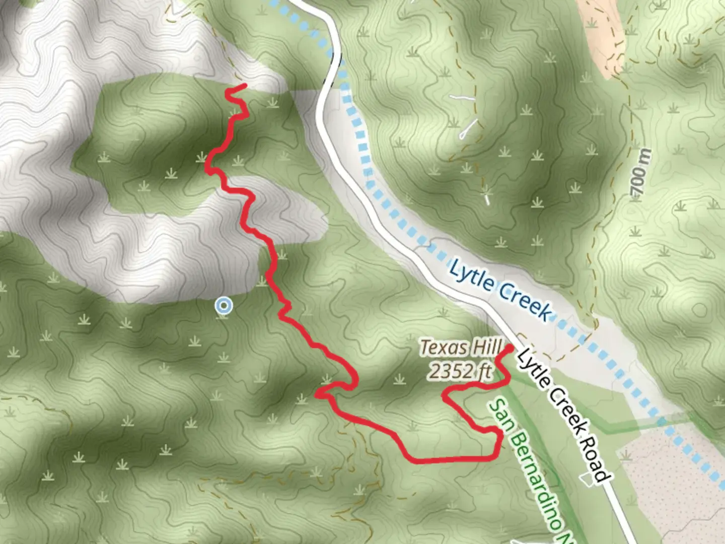 An image depicting the trail Texas Hill Out and Back and its surrounding area.