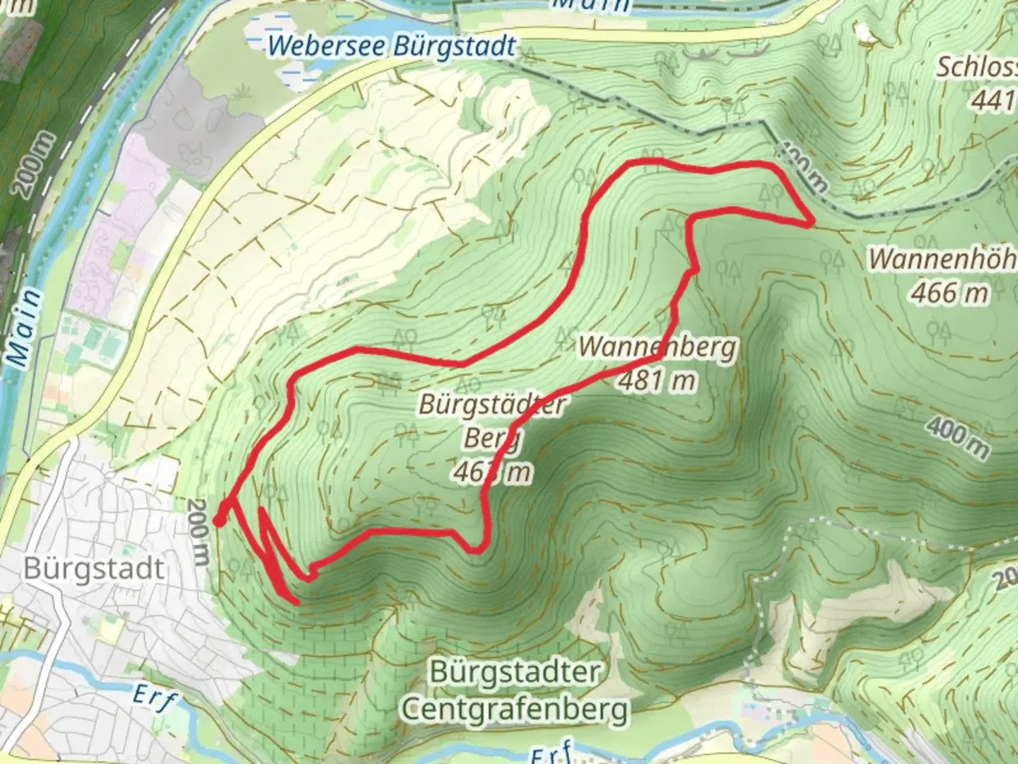An image depicting the trail Buergstadt and Nibelungensteig Loop and its surrounding area.