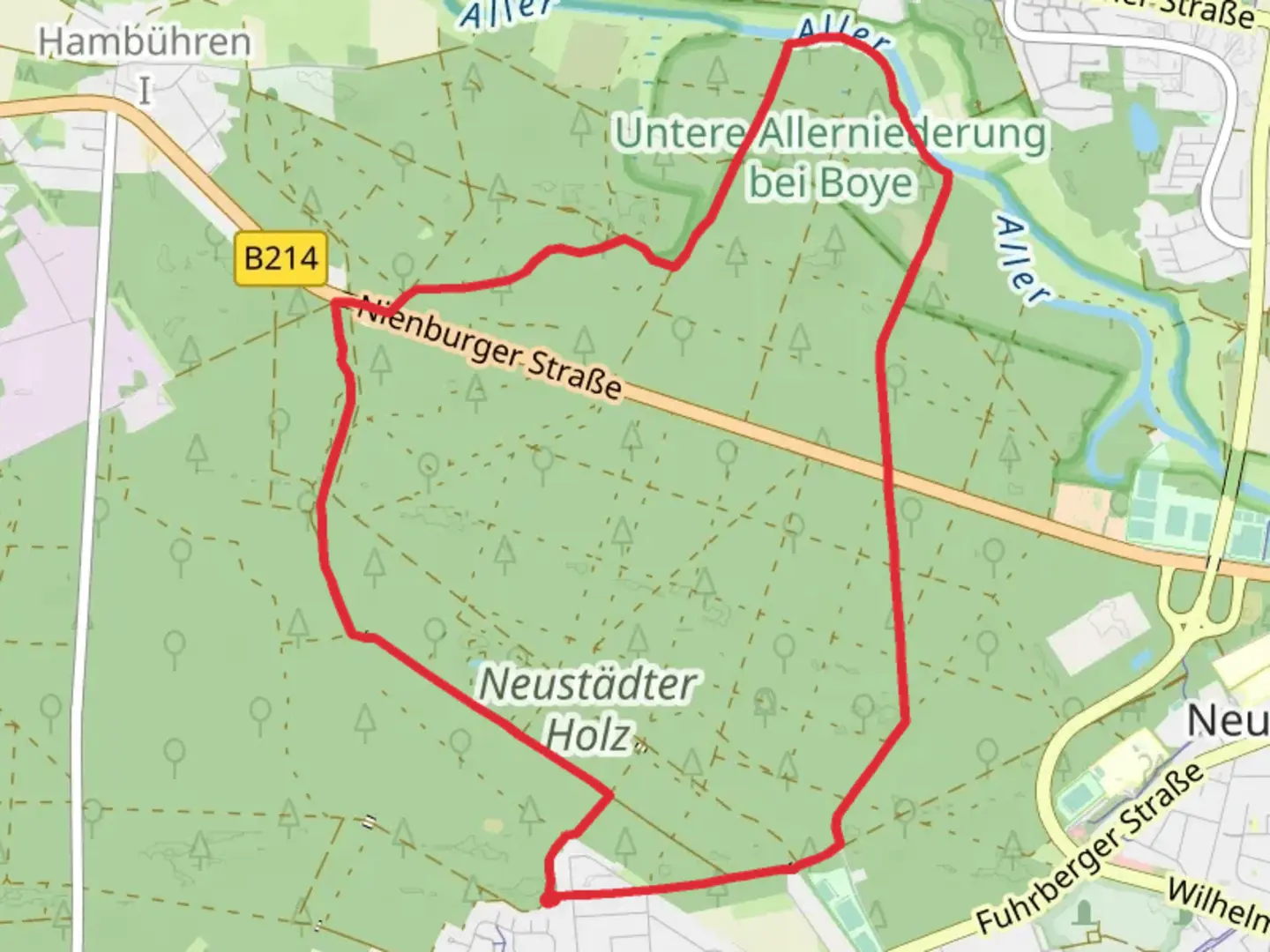 An image depicting the trail Untere Allerniederung bei Boye Loop and its surrounding area.