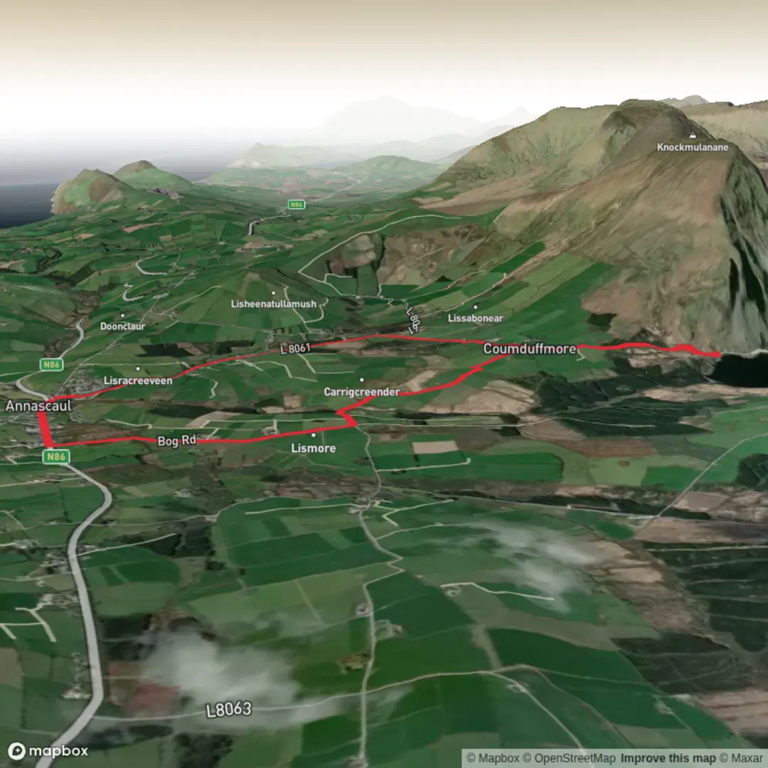 An image depicting the trail Annascaul and Annascaul Lake Loop and its surrounding area.