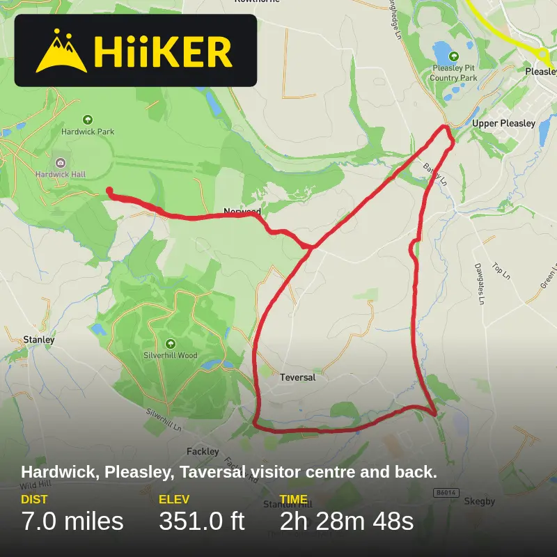 A map preview of the recording Hardwick, Pleasley, Taversal visitor centre and back..