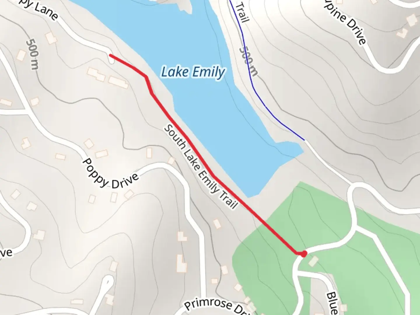 An image depicting the trail South Lake Emily Trail and its surrounding area.