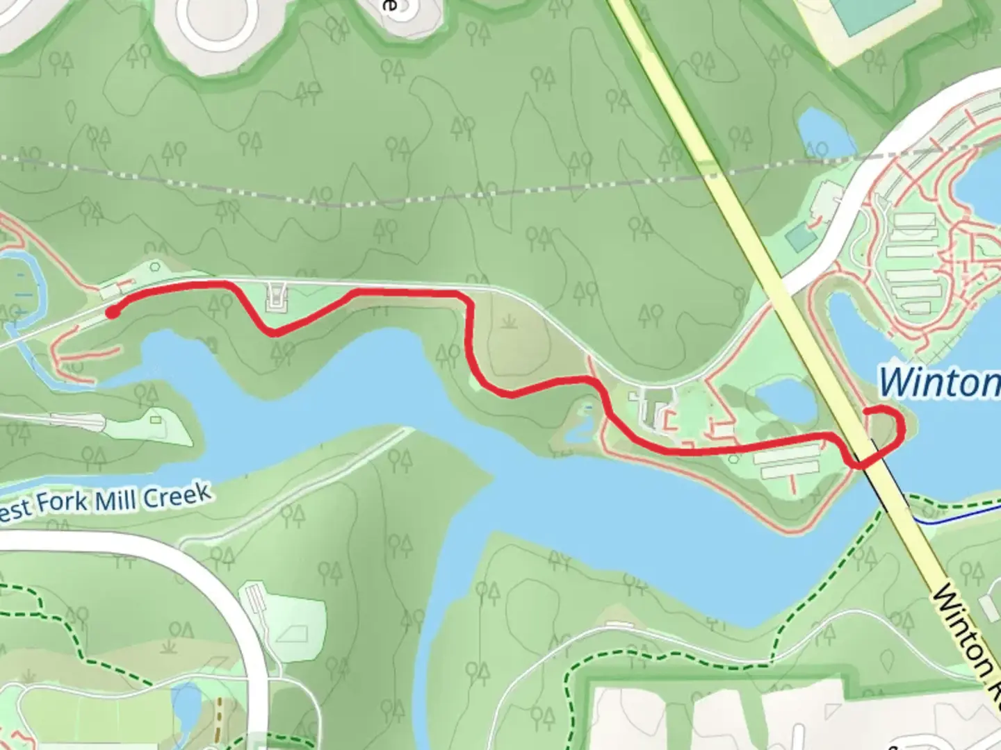 An image depicting the trail West Trail Out and Back and its surrounding area.