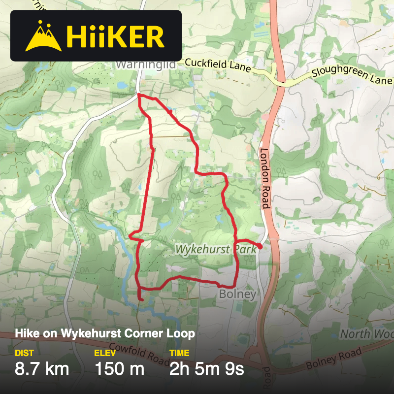 A map preview of the recording Hike on Wykehurst Corner Loop.