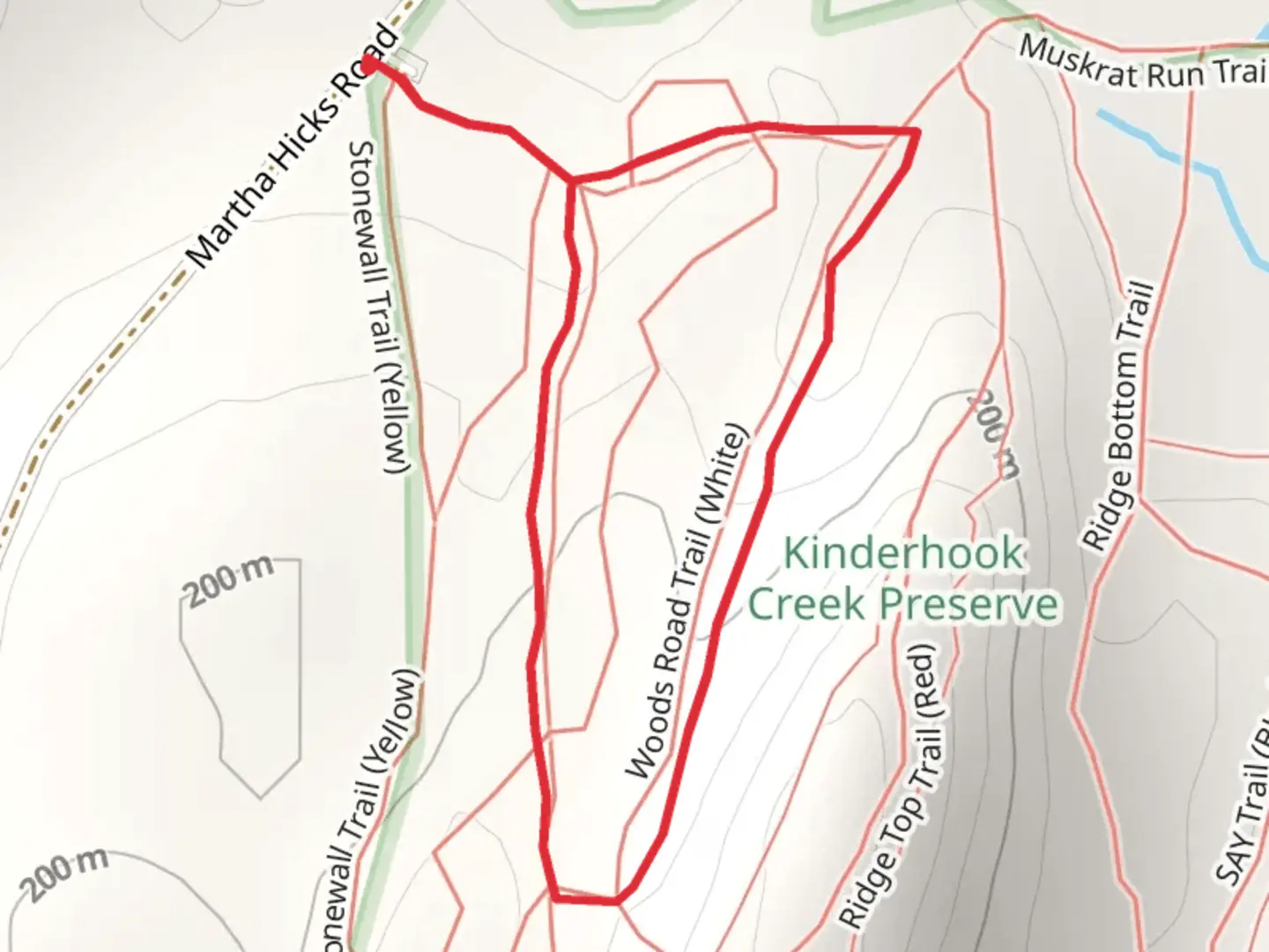 An image depicting the trail Woods Road Trail -White and Lower Ridge Trail - Orange Loop and its surrounding area.