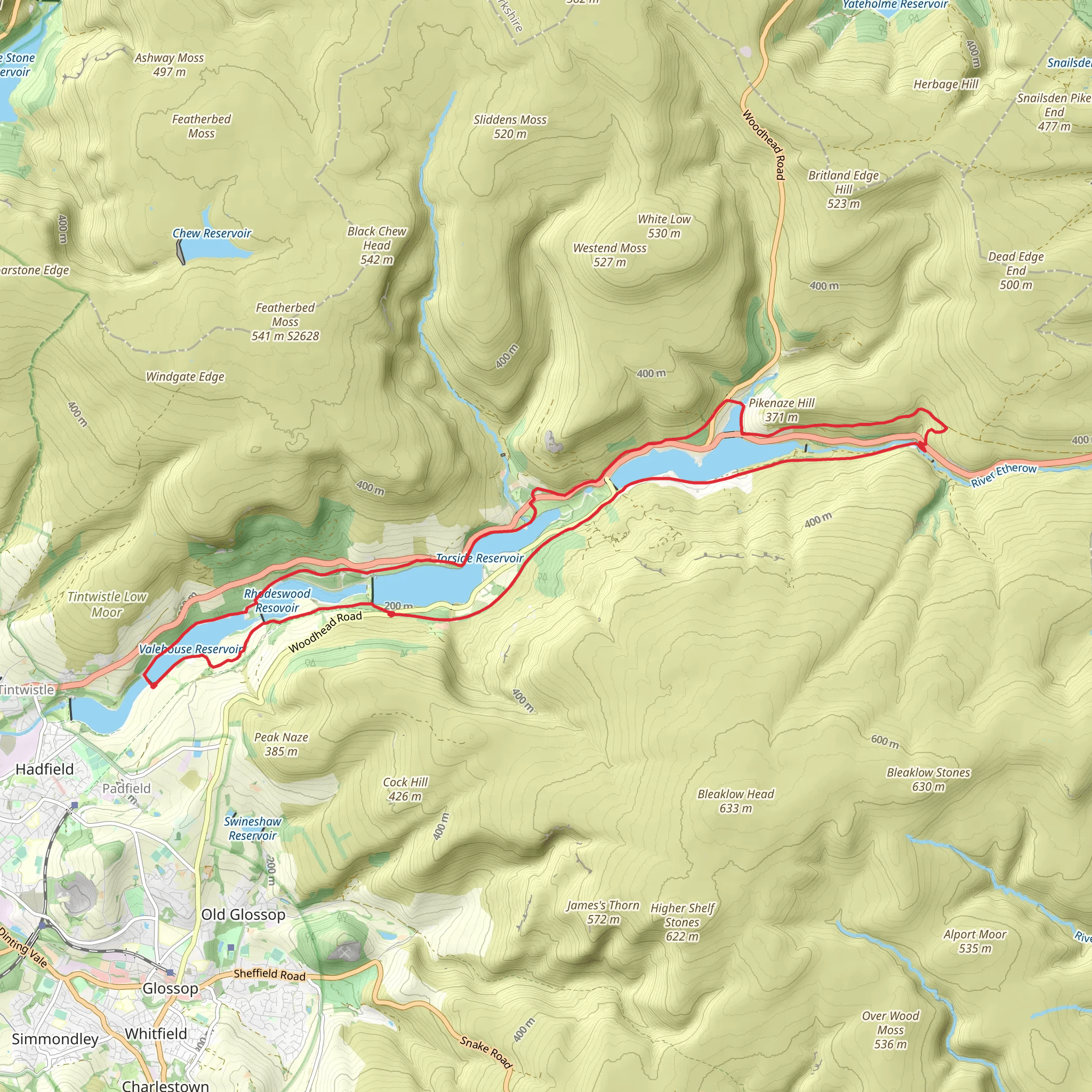 Torside Rservoir, Valehouse Rerservoir and Woodhead Reservoir via Longdendale Trail mobile static map