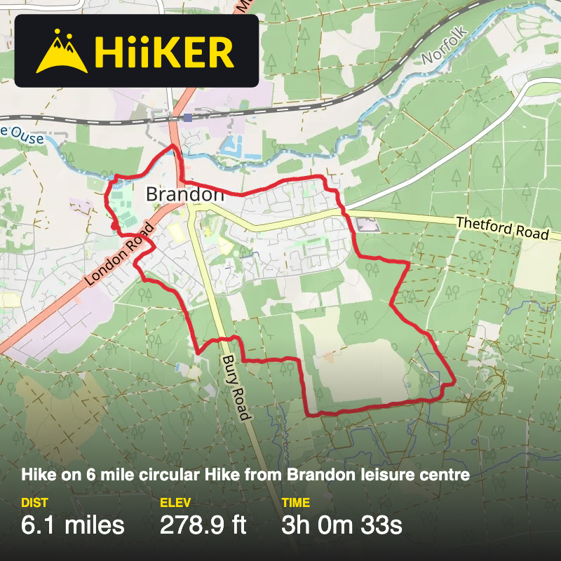 A map preview of the recording Hike on 6 mile circular Hike from Brandon leisure centre.