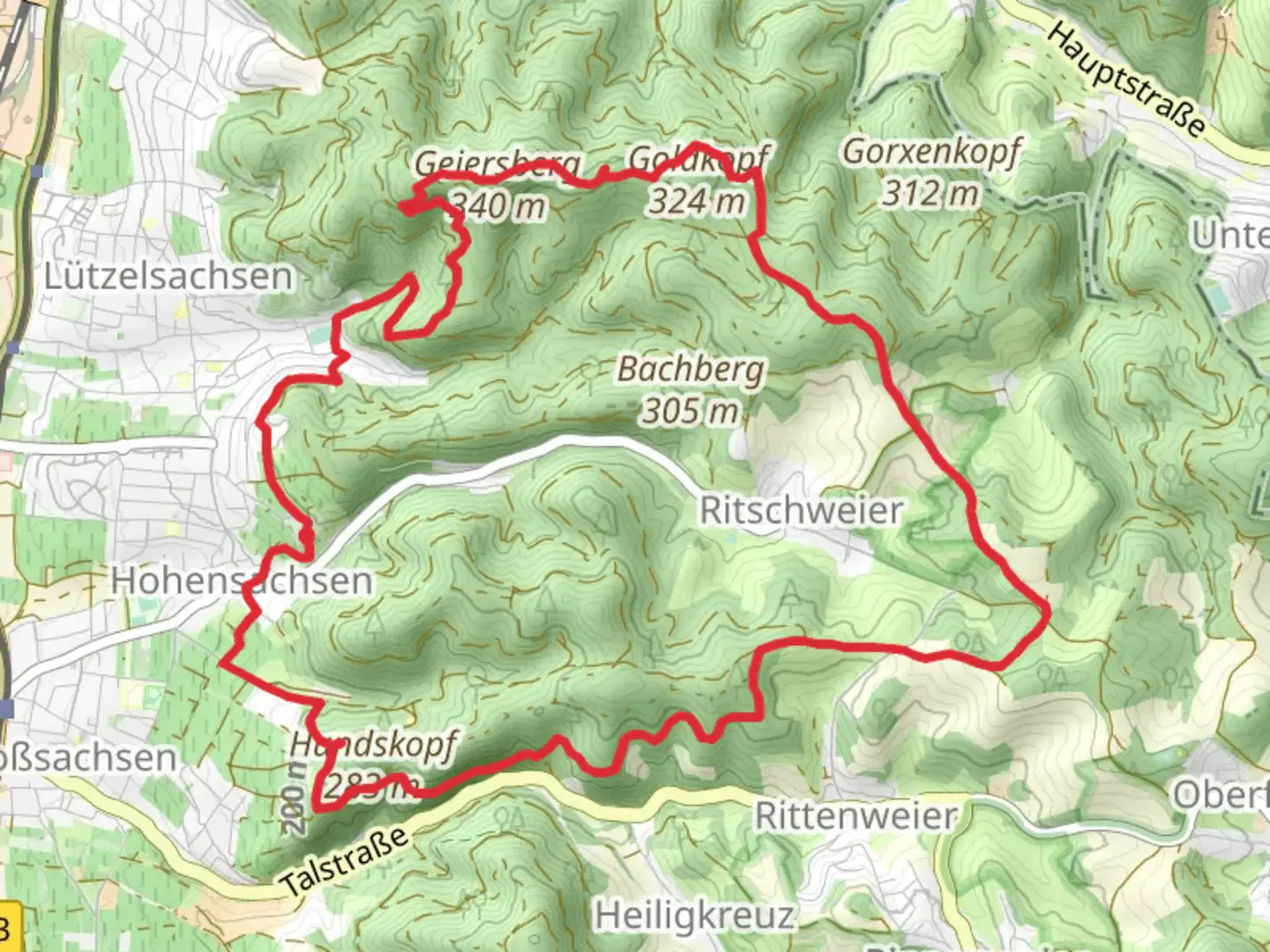 An image depicting the trail Gelersberg and Kalten Herrgott Loop via Odenwald Vogesen Weg Teil and its surrounding area.