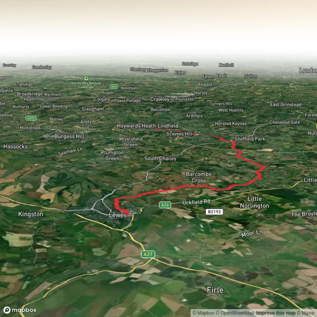 An image depicting the trail Lewes to Haywards Heath via Sussex Ouse Valley Way and its surrounding area.