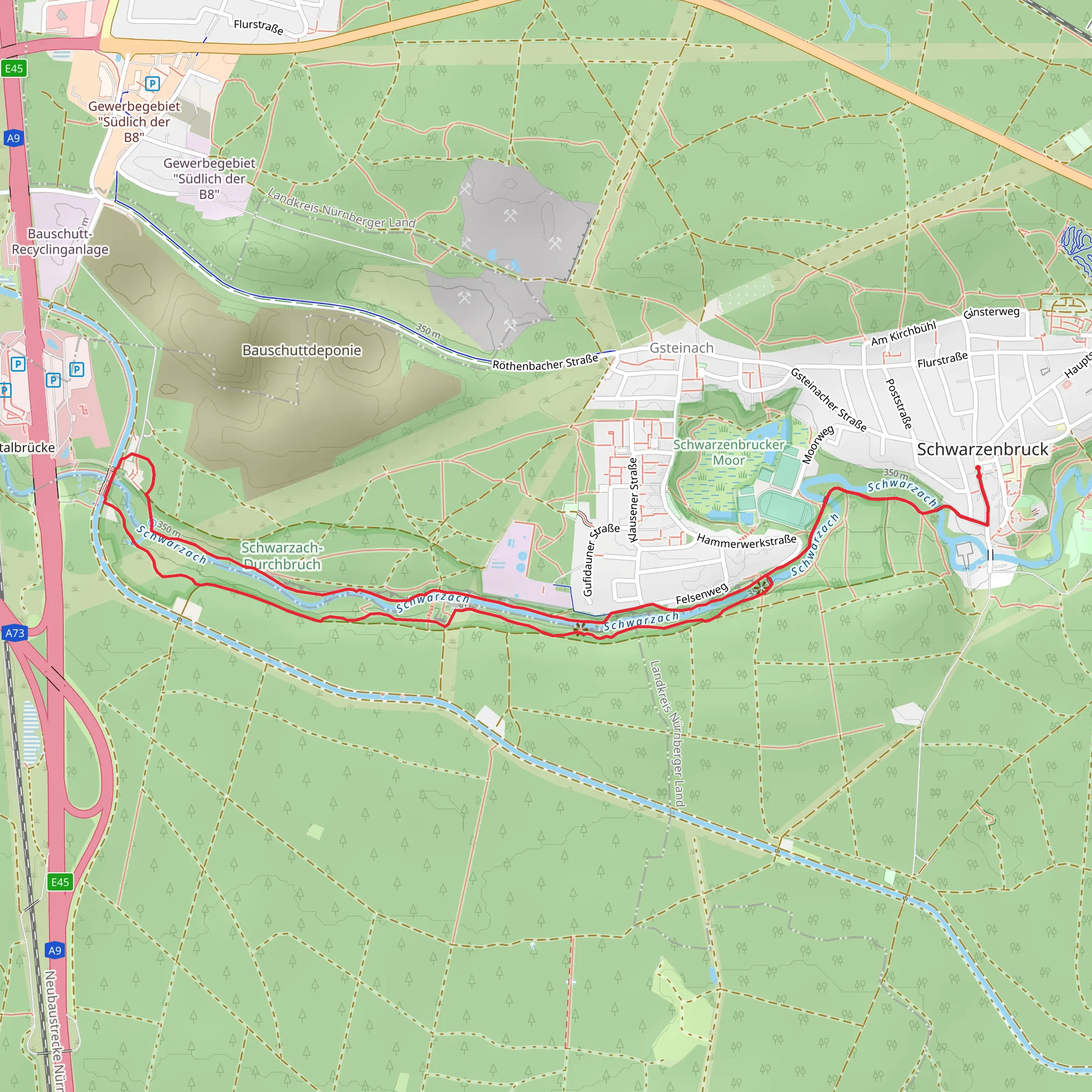 Schwarzach via Schwarzenbruck Wanderweg and Fraenkischer Duenenweg mobile static map