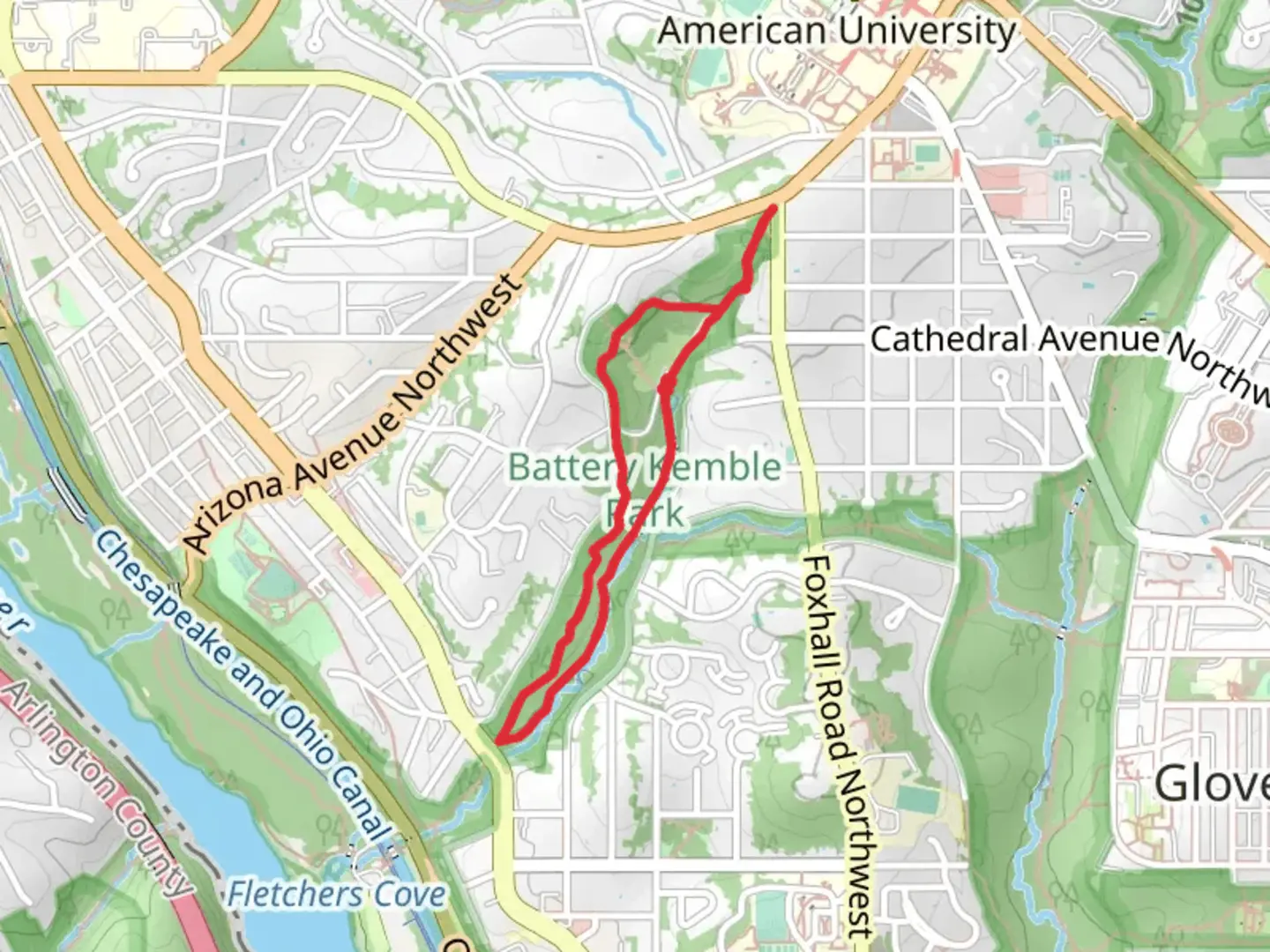 An image depicting the trail Batttery Kemble Trail and Fort Circle Park Loop and its surrounding area.