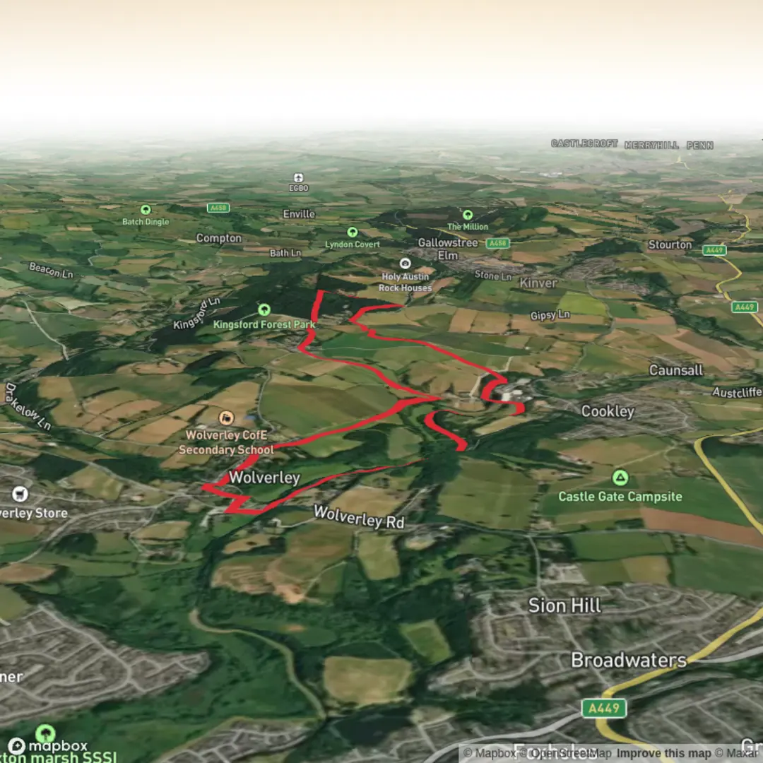 An image depicting the trail Kingsford Forest Park and Wolverley Loop and its surrounding area.