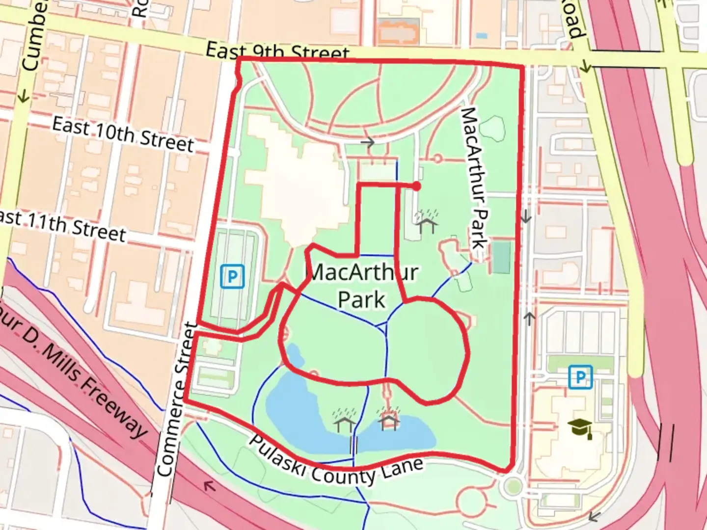 An image depicting the trail MacArthur Park Loop and its surrounding area.