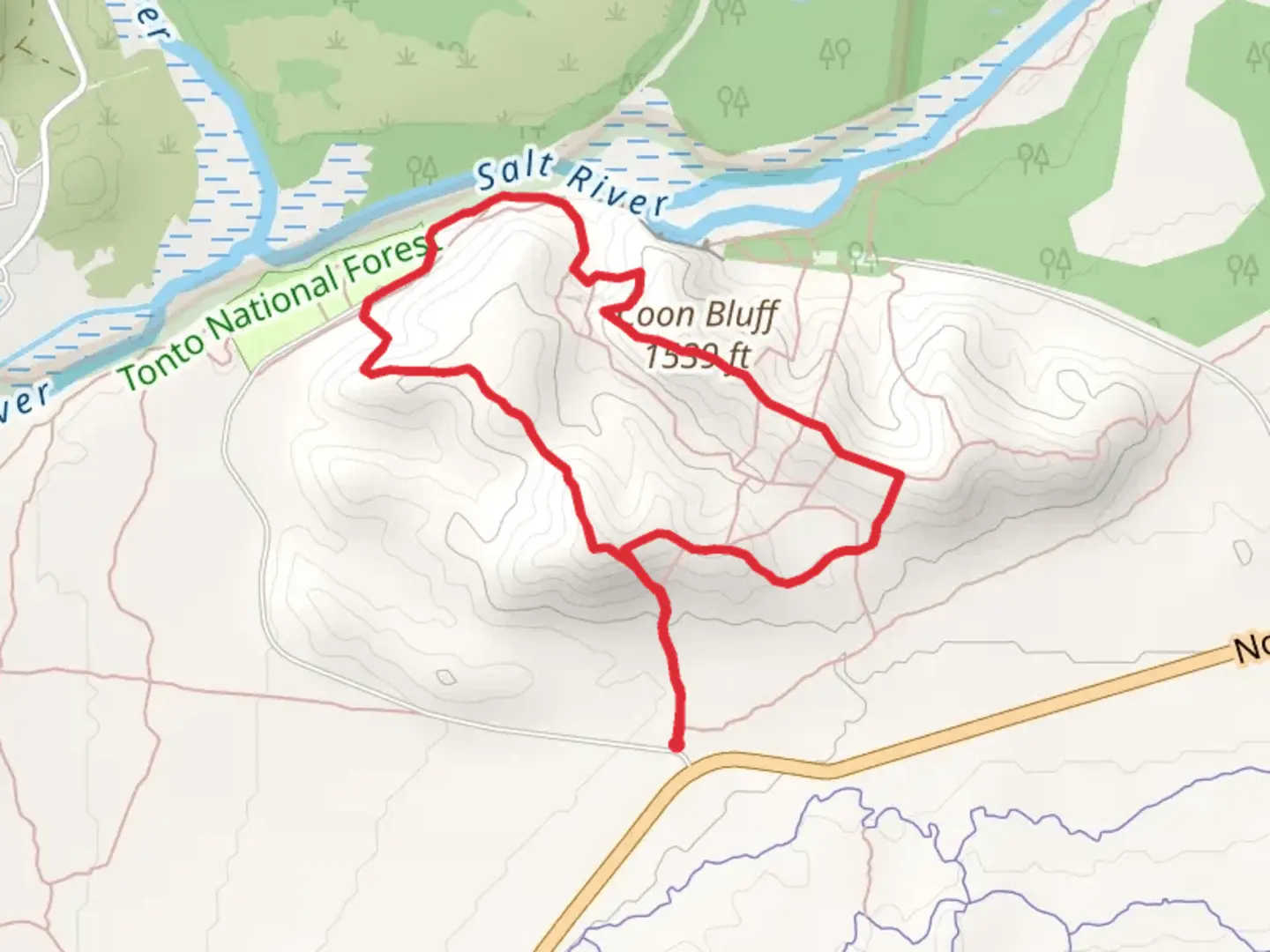 An image depicting the trail Coon Bluff Loop and its surrounding area.