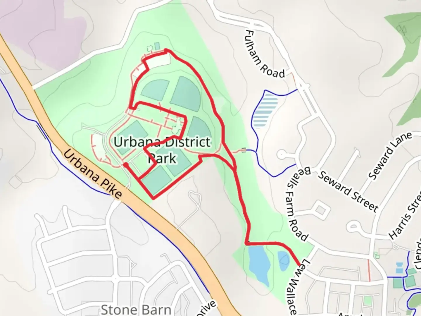 An image depicting the trail Urbana District Park Loop and its surrounding area.