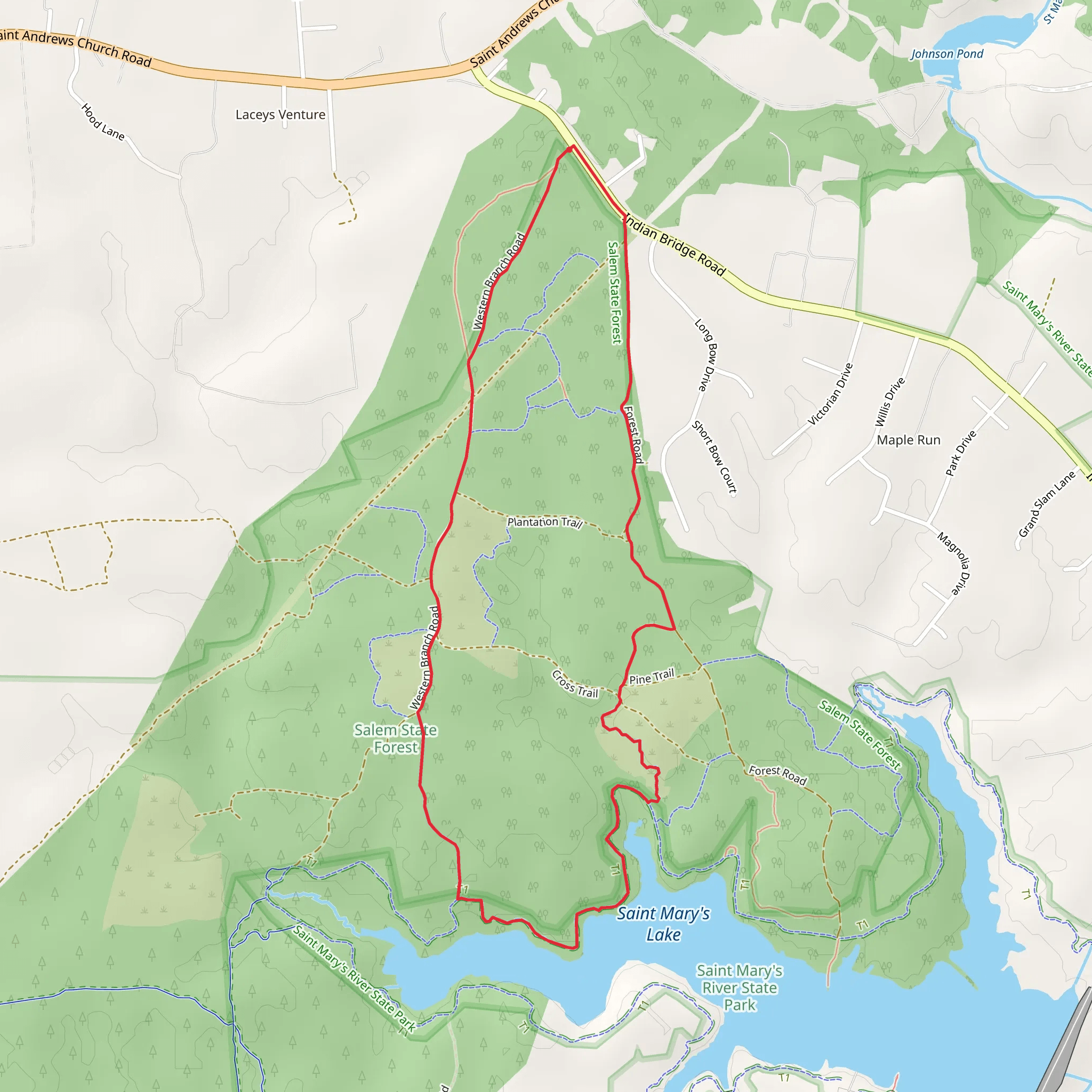 Western Branch Road, West Lake and Pine Loop Trail mobile static map