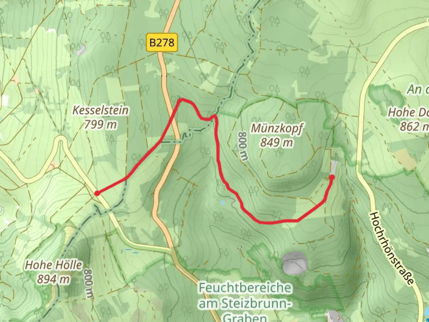An image depicting the trail Jagdschloss Holzberg Walk via Schwedenwall Heidelstein and its surrounding area.