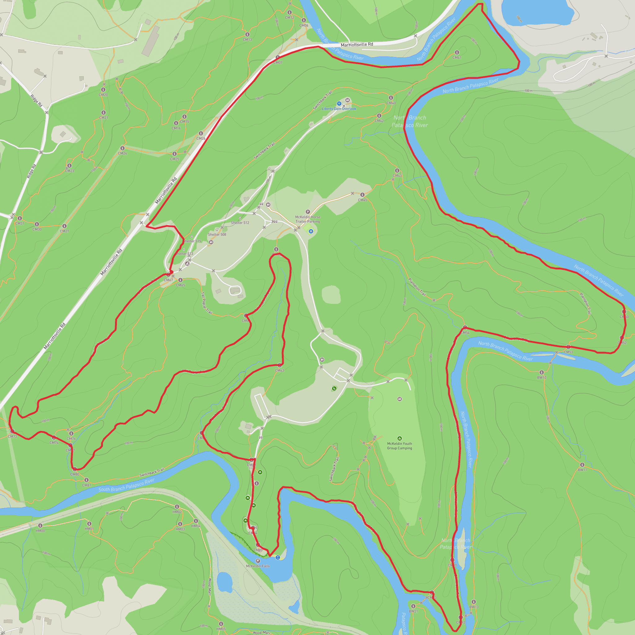Pataspsco River via Plantation Trail and Spring Glen Trail mobile static map