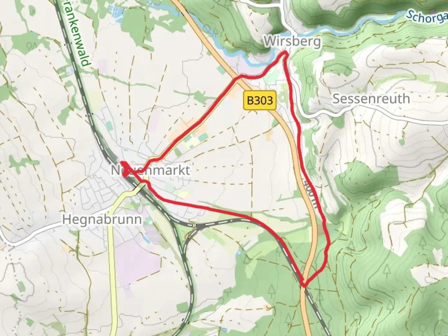 An image depicting the trail Schmetterlingsweg and Frankenswaldsteig and its surrounding area.