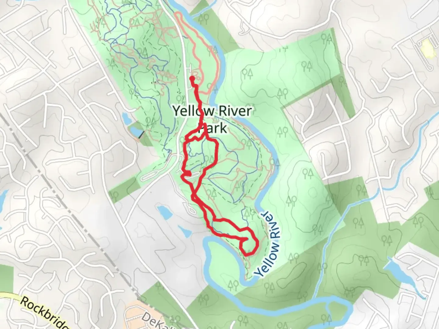 An image depicting the trail Yellow River Park and its surrounding area.